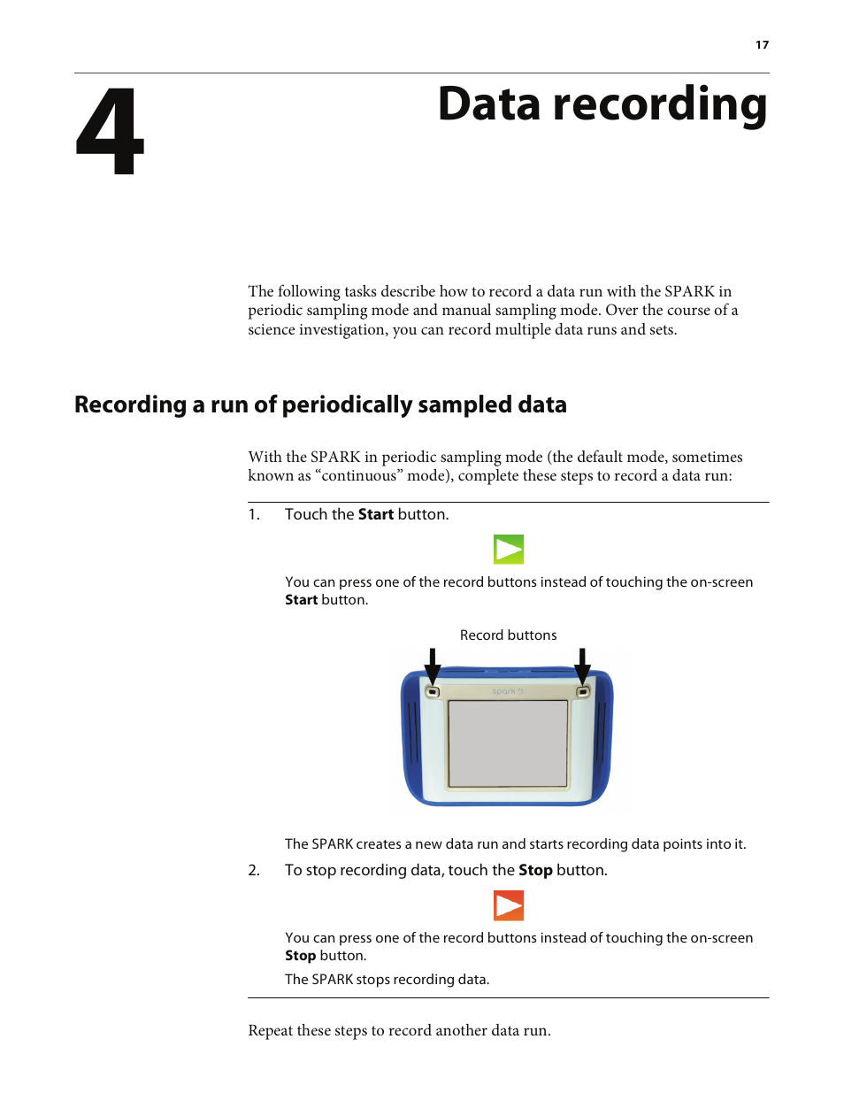Data recording, Recording a run of periodically sampled data | PASCO SPARK Science Learning System User's Guide User Manual | Page 25 / 86