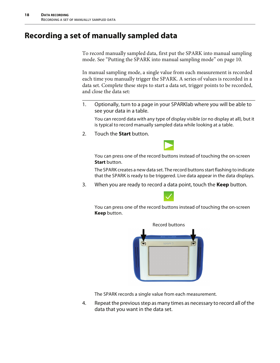 Recording a set of manually sampled data | PASCO SPARK Science Learning System User's Guide User Manual | Page 26 / 86