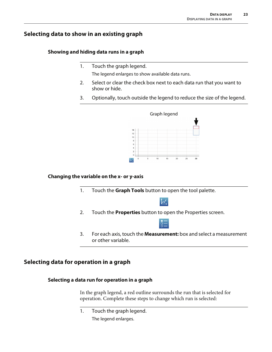 Selecting data to show in an existing graph, Showing and hiding data runs in a graph, Changing the variable on the x- or y-axis | Selecting data for operation in a graph, Selecting a data run for operation in a graph | PASCO SPARK Science Learning System User's Guide User Manual | Page 31 / 86