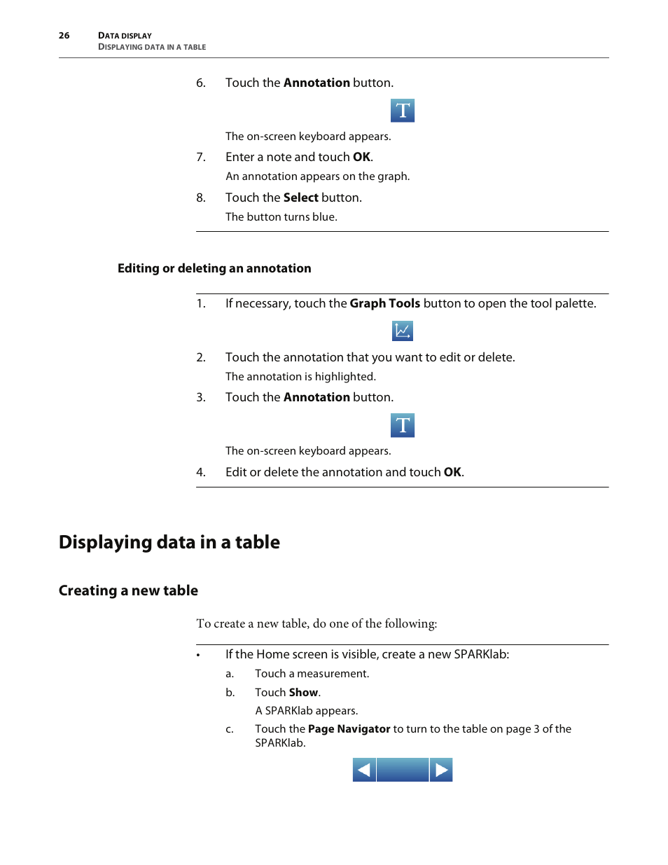 Editing or deleting an annotation, Displaying data in a table, Creating a new table | PASCO SPARK Science Learning System User's Guide User Manual | Page 34 / 86