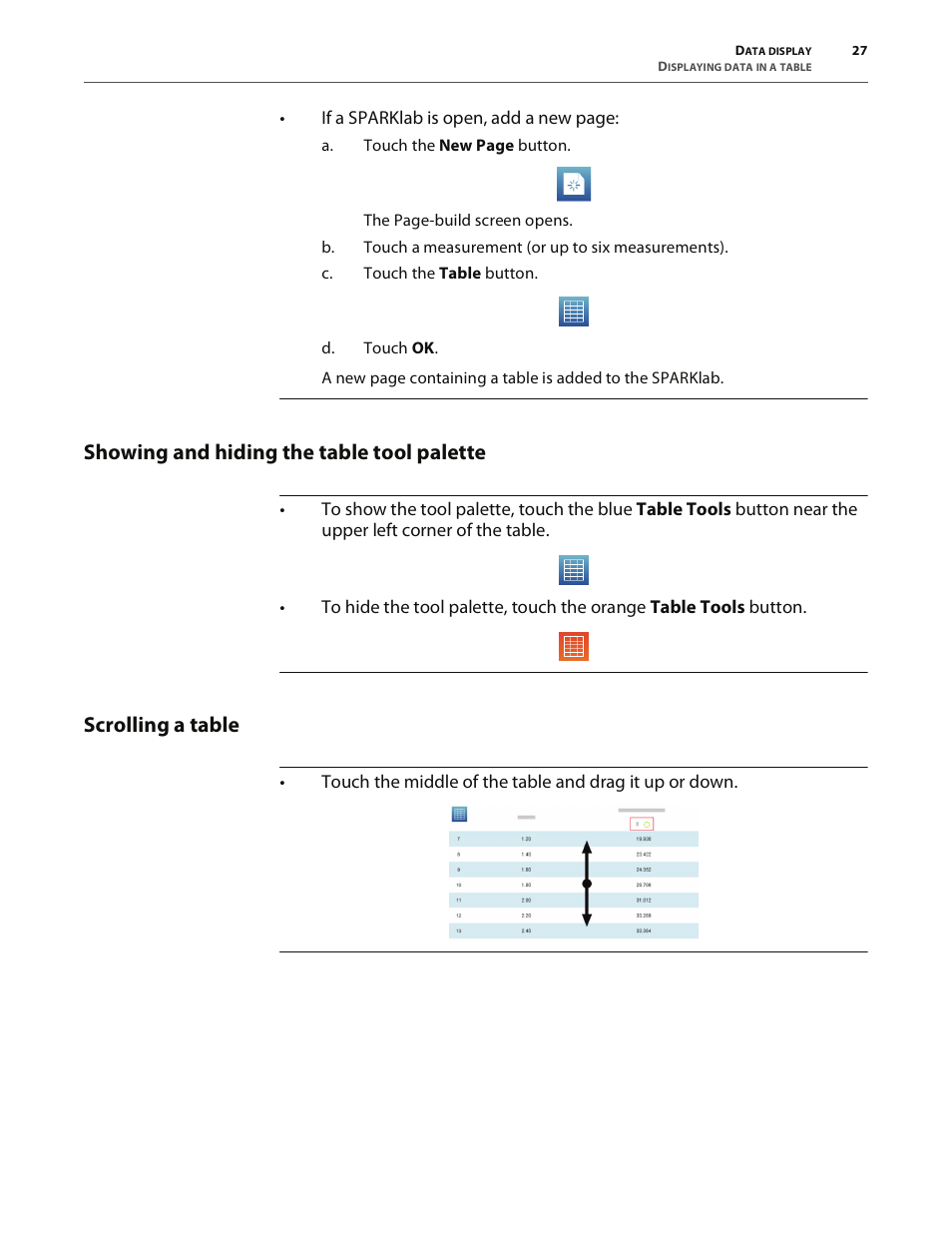 Showing and hiding the table tool palette, Scrolling a table | PASCO SPARK Science Learning System User's Guide User Manual | Page 35 / 86