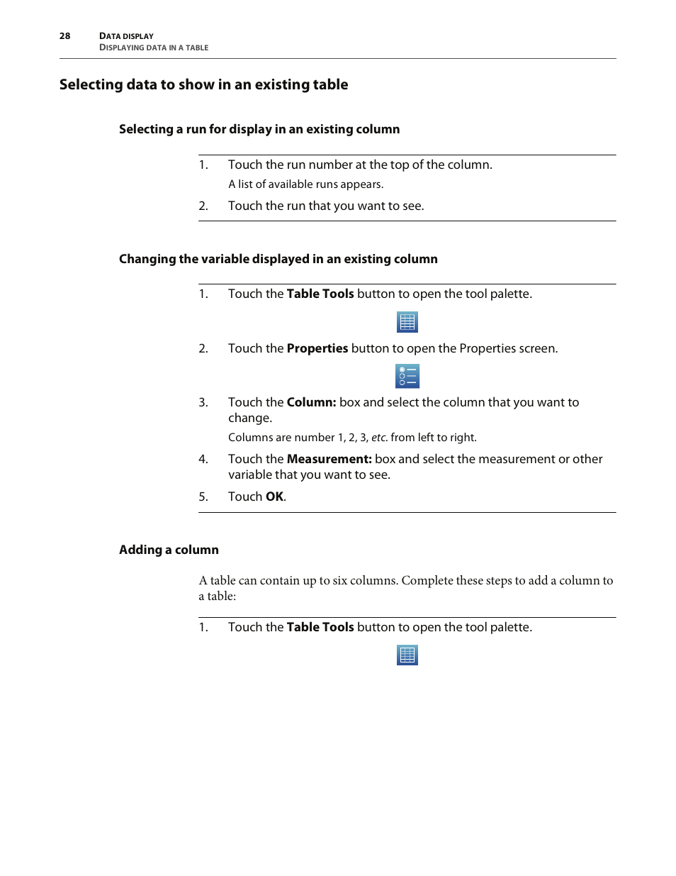 Selecting data to show in an existing table, Selecting a run for display in an existing column, Adding a column | PASCO SPARK Science Learning System User's Guide User Manual | Page 36 / 86