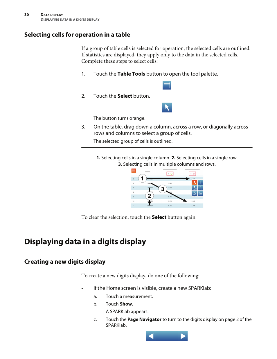 Selecting cells for operation in a table, Displaying data in a digits display, Creating a new digits display | PASCO SPARK Science Learning System User's Guide User Manual | Page 38 / 86