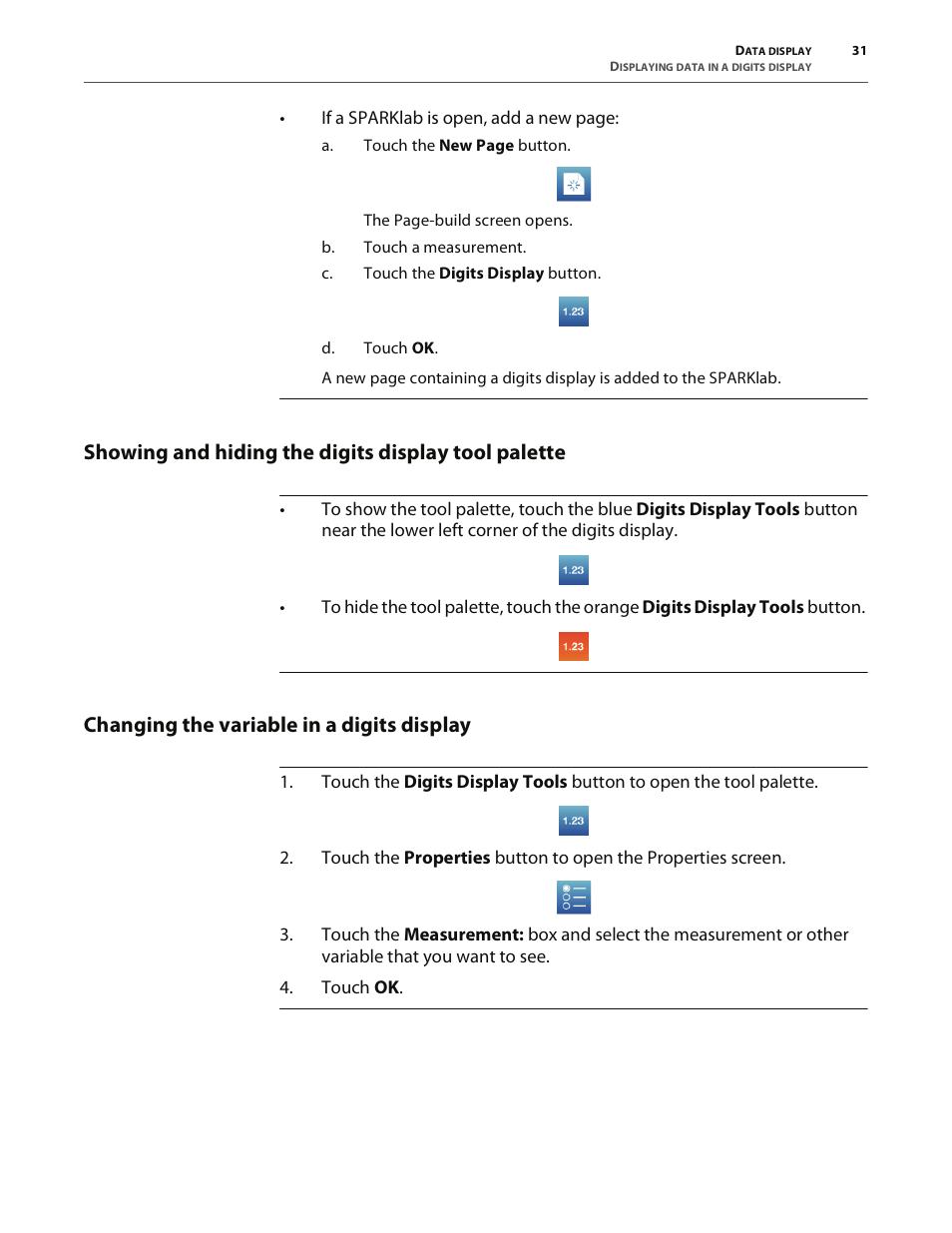 Showing and hiding the digits display tool palette, Changing the variable in a digits display | PASCO SPARK Science Learning System User's Guide User Manual | Page 39 / 86