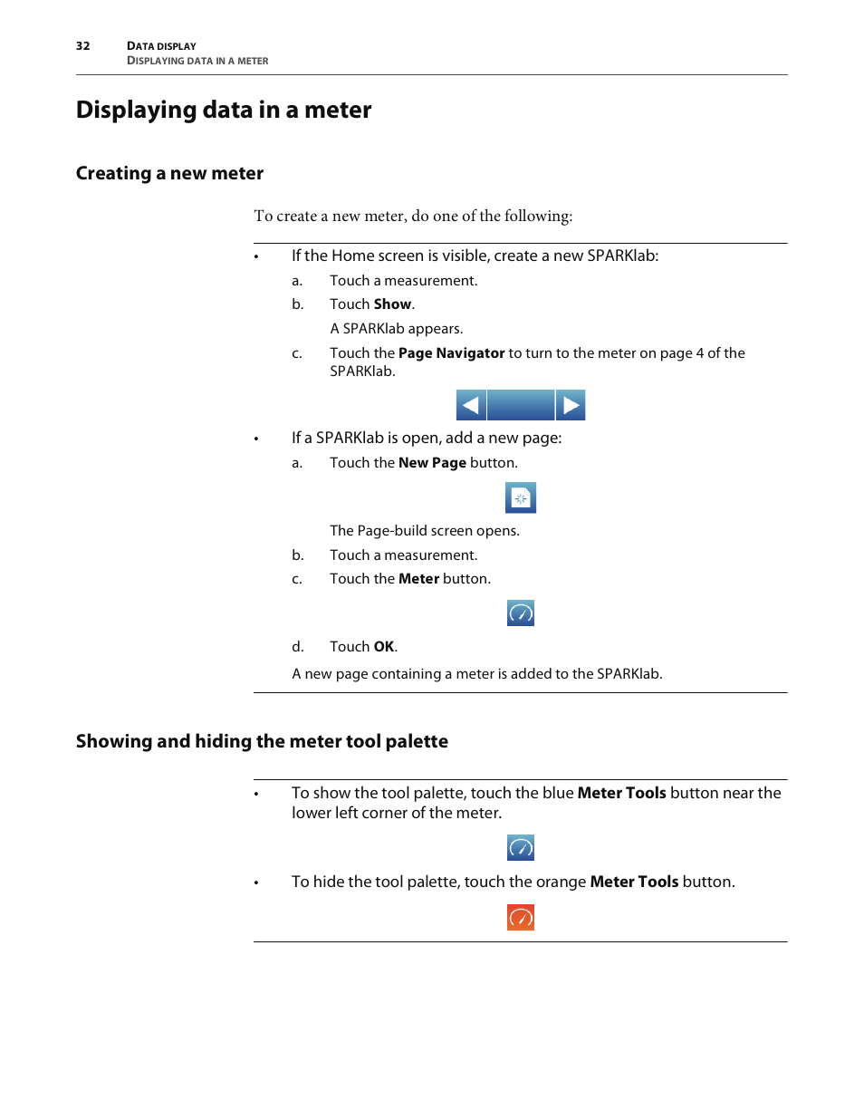 Displaying data in a meter, Creating a new meter, Showing and hiding the meter tool palette | PASCO SPARK Science Learning System User's Guide User Manual | Page 40 / 86