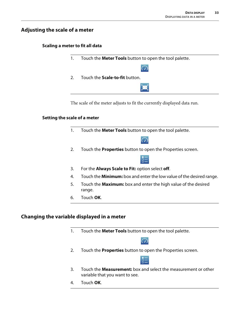 Adjusting the scale of a meter, Scaling a meter to fit all data, Setting the scale of a meter | Changing the variable displayed in a meter | PASCO SPARK Science Learning System User's Guide User Manual | Page 41 / 86