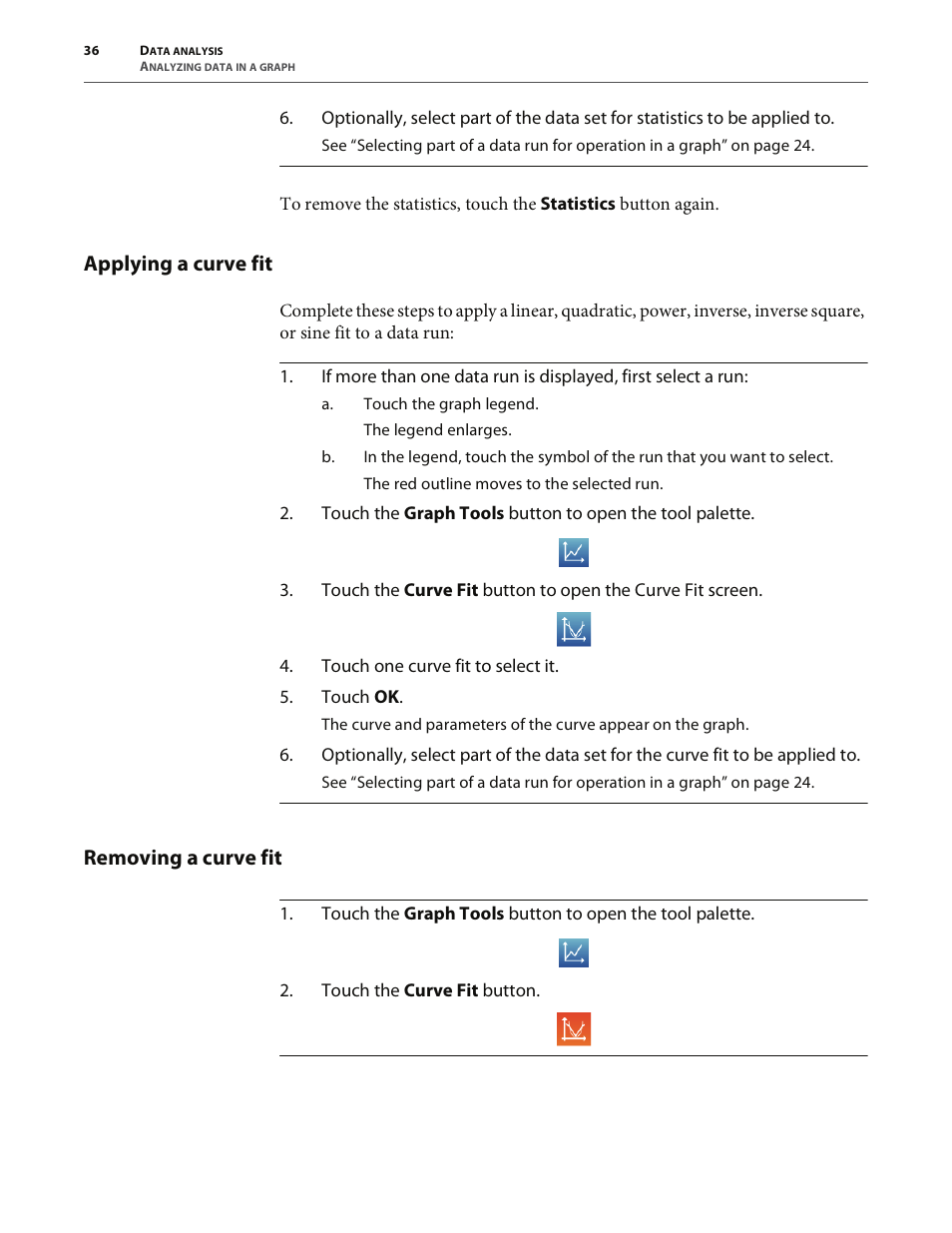 Applying a curve fit, Removing a curve fit | PASCO SPARK Science Learning System User's Guide User Manual | Page 44 / 86