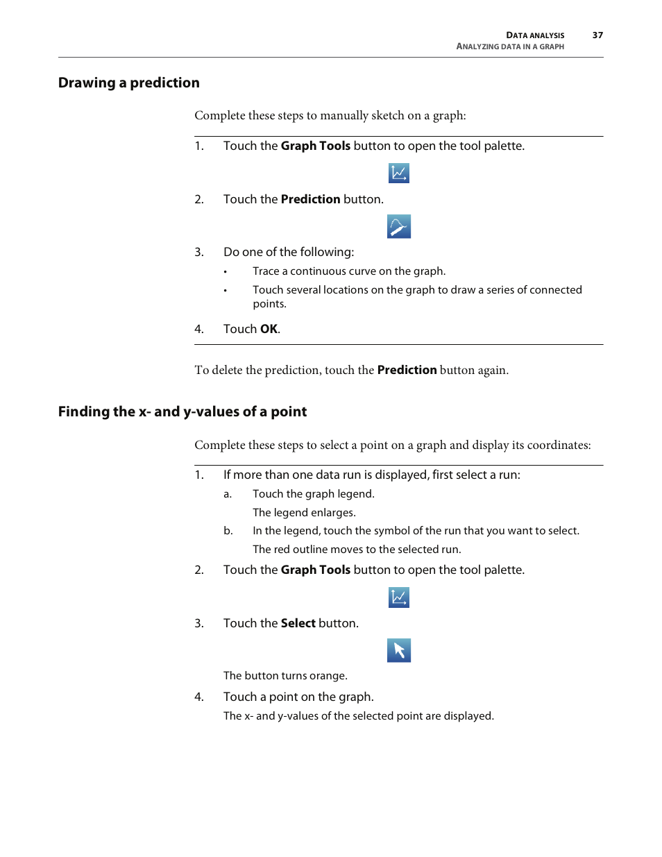 Drawing a prediction, Finding the x- and y-values of a point | PASCO SPARK Science Learning System User's Guide User Manual | Page 45 / 86