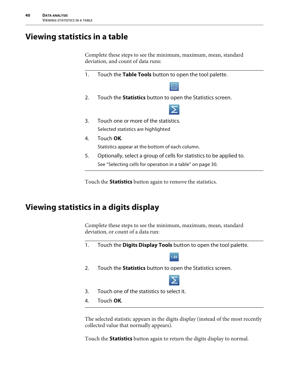 Viewing statistics in a table, Viewing statistics in a digits display | PASCO SPARK Science Learning System User's Guide User Manual | Page 48 / 86