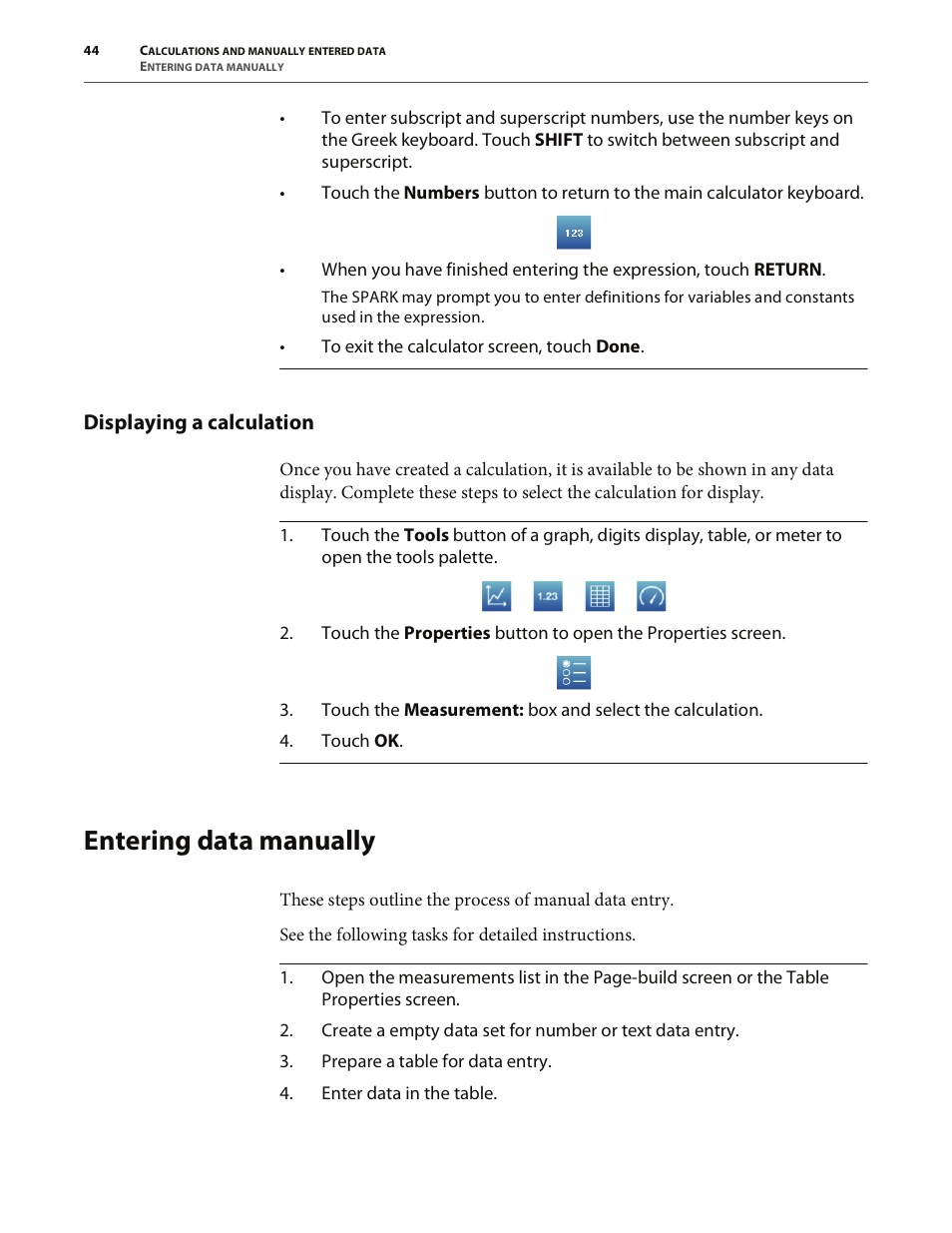 Displaying a calculation, Entering data manually | PASCO SPARK Science Learning System User's Guide User Manual | Page 52 / 86