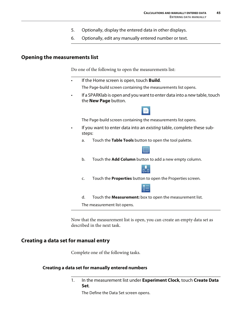 Opening the measurements list, Creating a data set for manual entry, Creating a data set for manually entered numbers | PASCO SPARK Science Learning System User's Guide User Manual | Page 53 / 86
