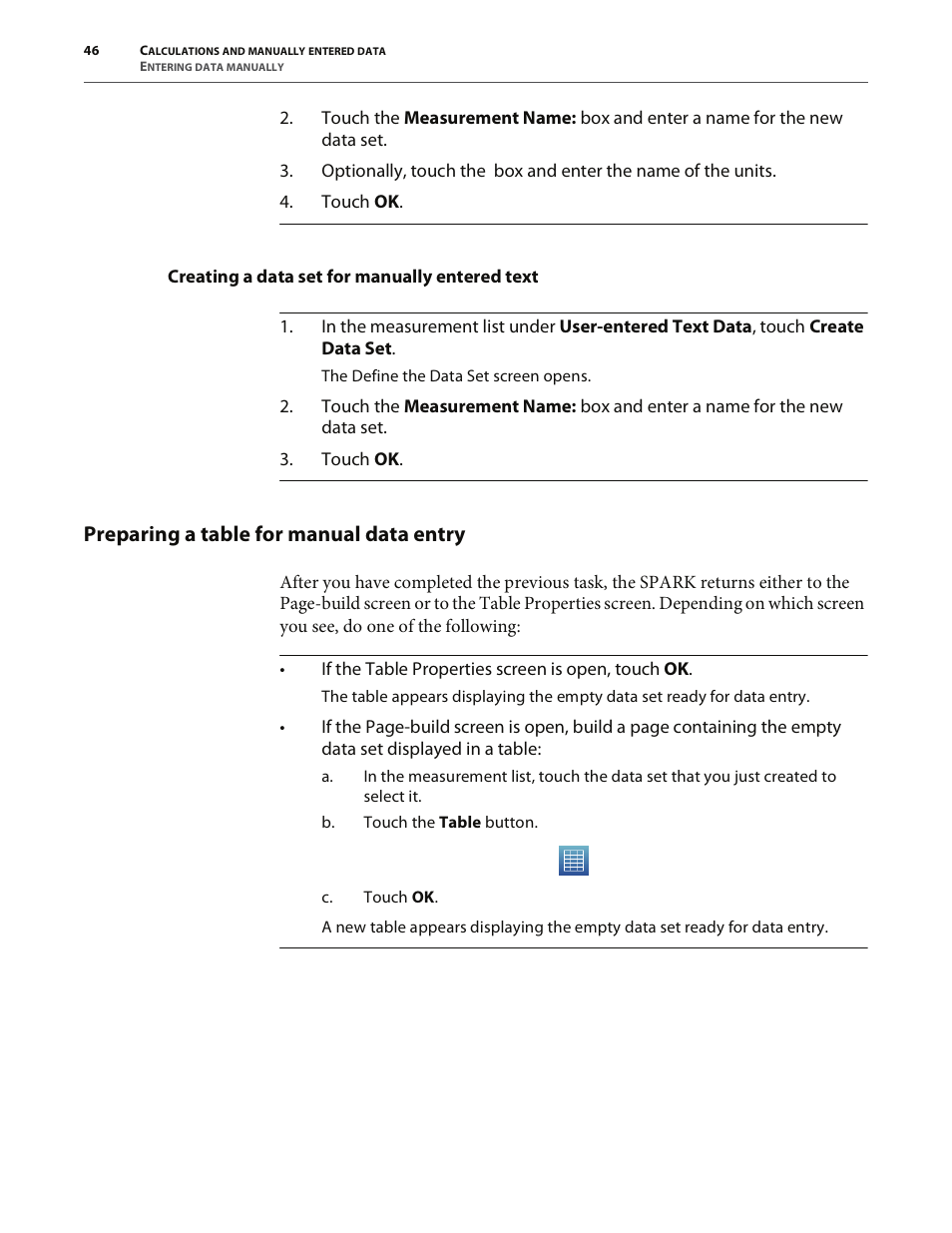 Creating a data set for manually entered text, Preparing a table for manual data entry | PASCO SPARK Science Learning System User's Guide User Manual | Page 54 / 86