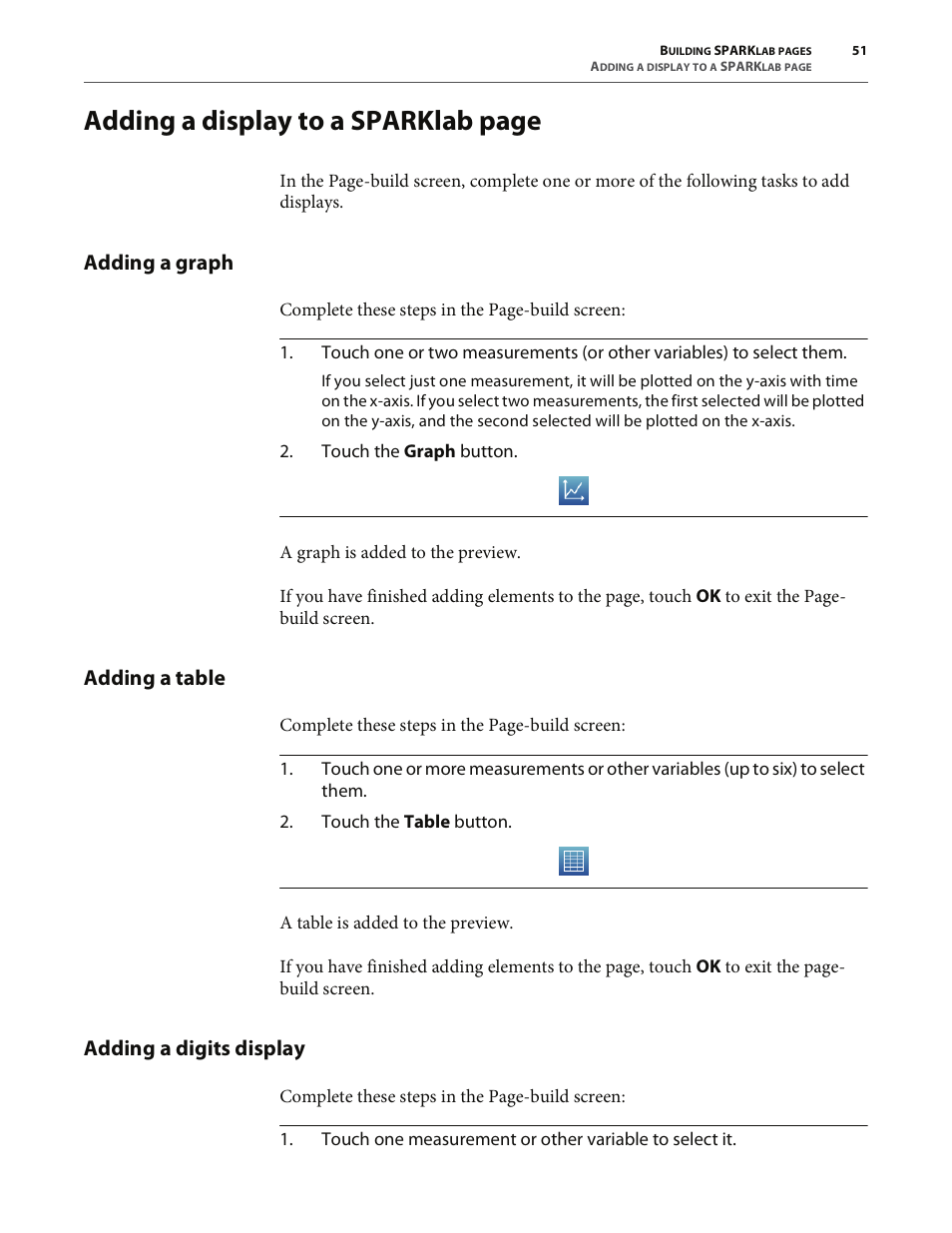 Adding a graph, Adding a table, Adding a digits display | Adding a display to a sparklab page | PASCO SPARK Science Learning System User's Guide User Manual | Page 59 / 86