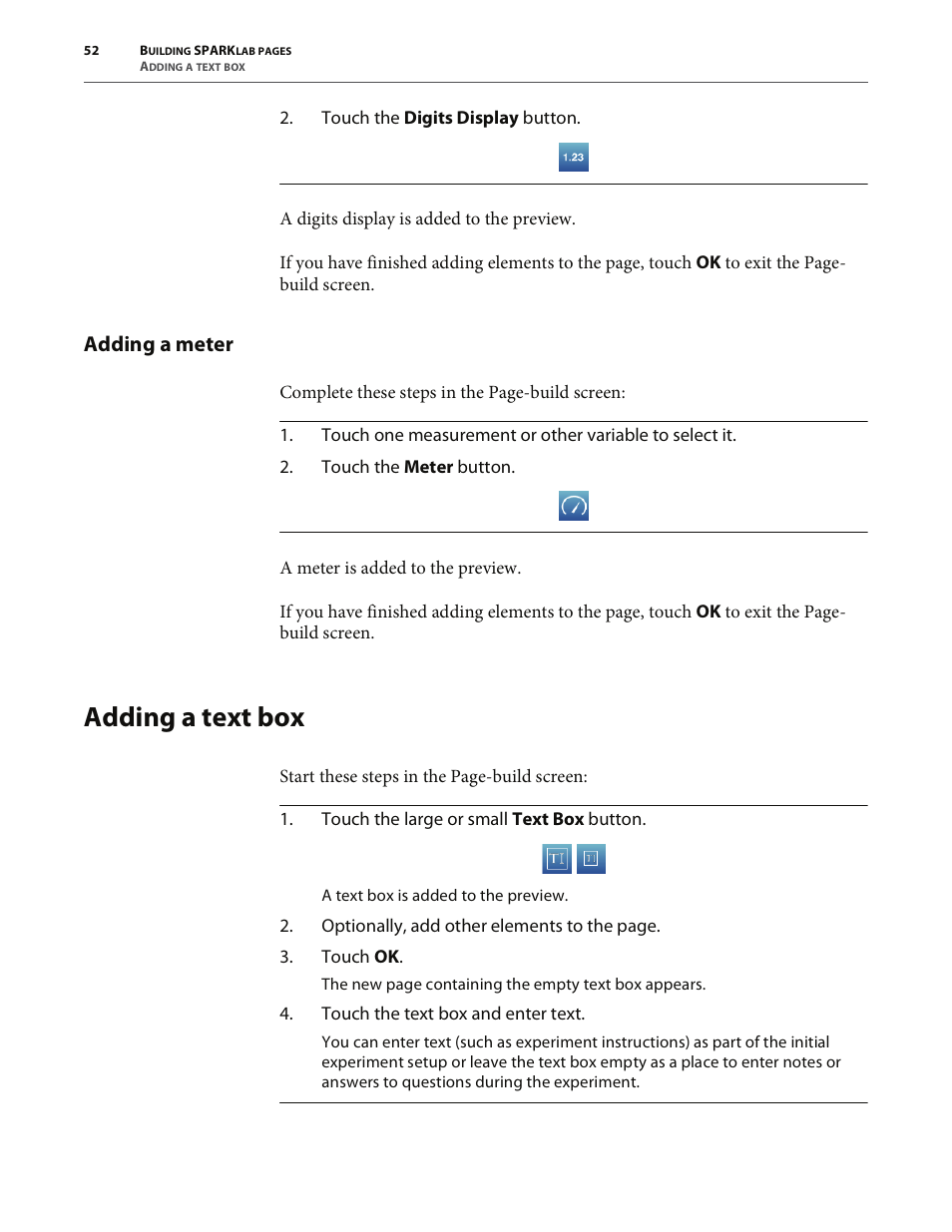 Adding a meter, Adding a text box | PASCO SPARK Science Learning System User's Guide User Manual | Page 60 / 86