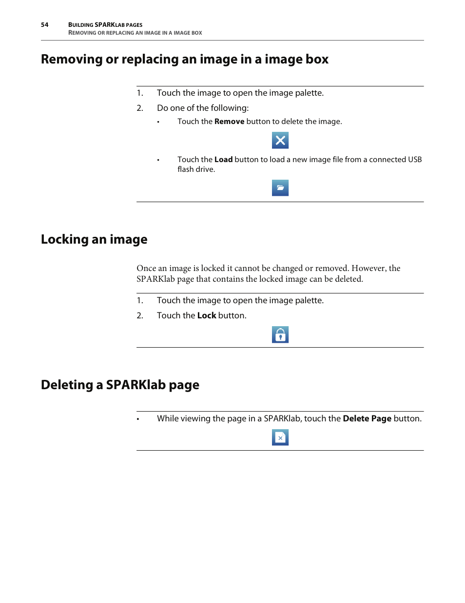 Removing or replacing an image in a image box, Locking an image, Deleting a sparklab page | PASCO SPARK Science Learning System User's Guide User Manual | Page 62 / 86