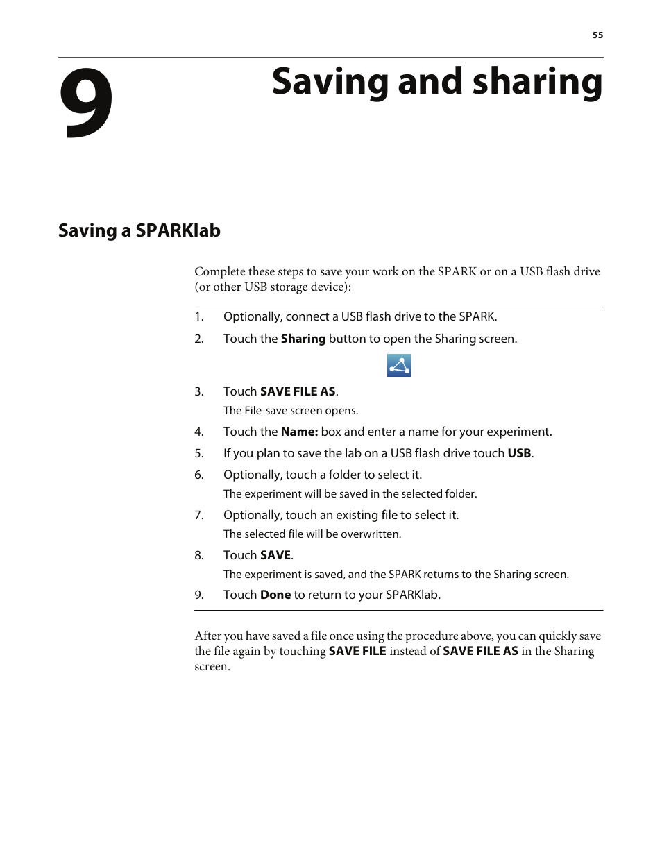 Saving and sharing, Saving a sparklab | PASCO SPARK Science Learning System User's Guide User Manual | Page 63 / 86
