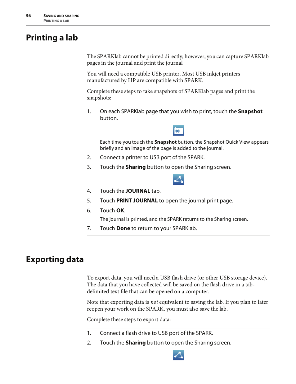 Printing a lab, Exporting data | PASCO SPARK Science Learning System User's Guide User Manual | Page 64 / 86