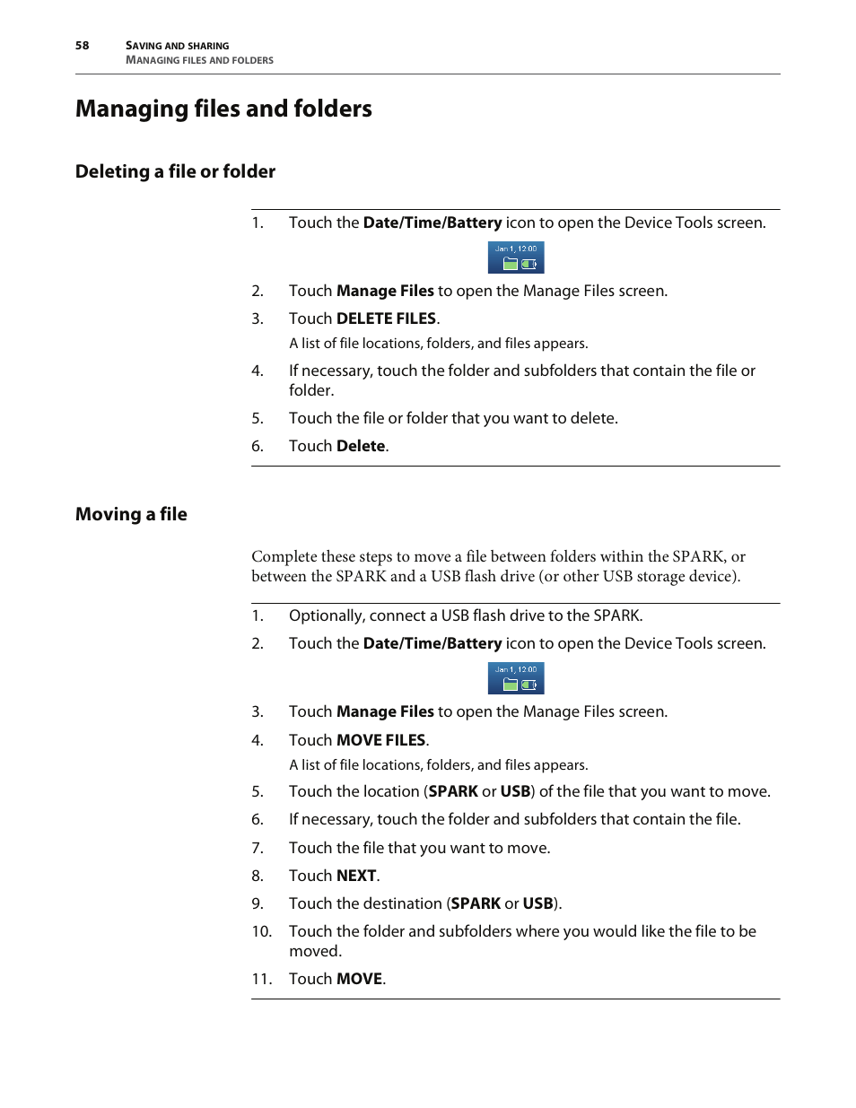 Managing files and folders, Deleting a file or folder, Moving a file | PASCO SPARK Science Learning System User's Guide User Manual | Page 66 / 86