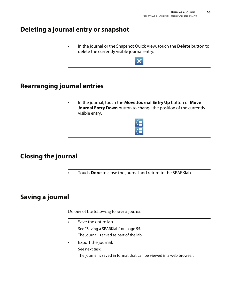 Deleting a journal entry or snapshot, Rearranging journal entries, Closing the journal | Saving a journal | PASCO SPARK Science Learning System User's Guide User Manual | Page 71 / 86