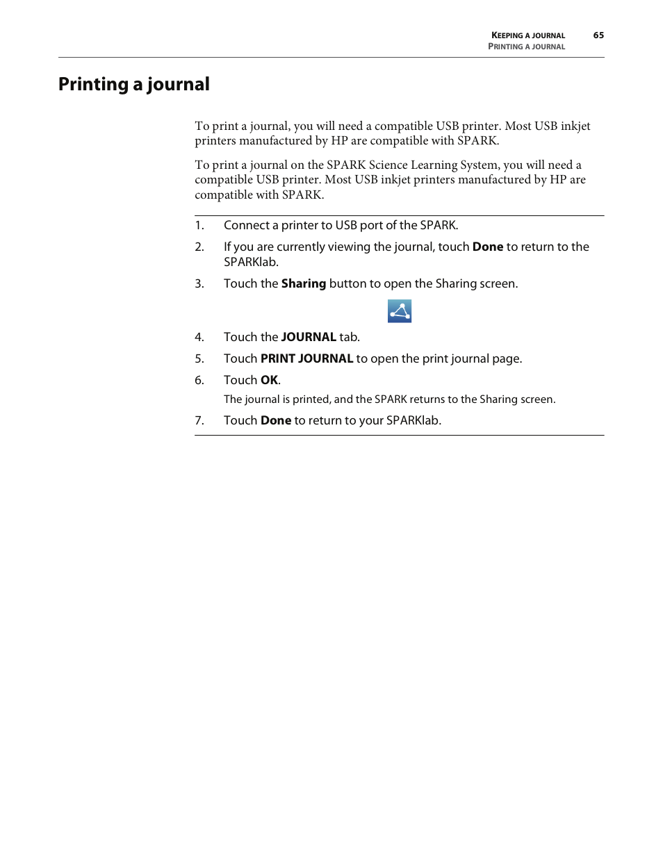 Printing a journal | PASCO SPARK Science Learning System User's Guide User Manual | Page 73 / 86