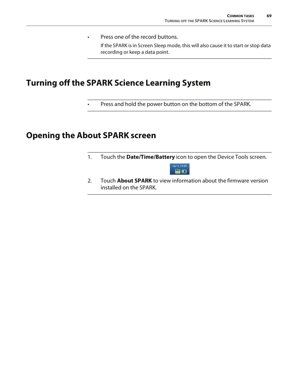 Turning off the spark science learning system, Opening the about spark screen, Opening the | PASCO SPARK Science Learning System User's Guide User Manual | Page 77 / 86
