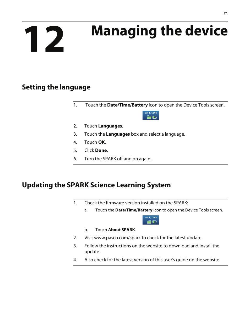 Managing the device, Setting the language, Updating the spark science learning system | PASCO SPARK Science Learning System User's Guide User Manual | Page 79 / 86