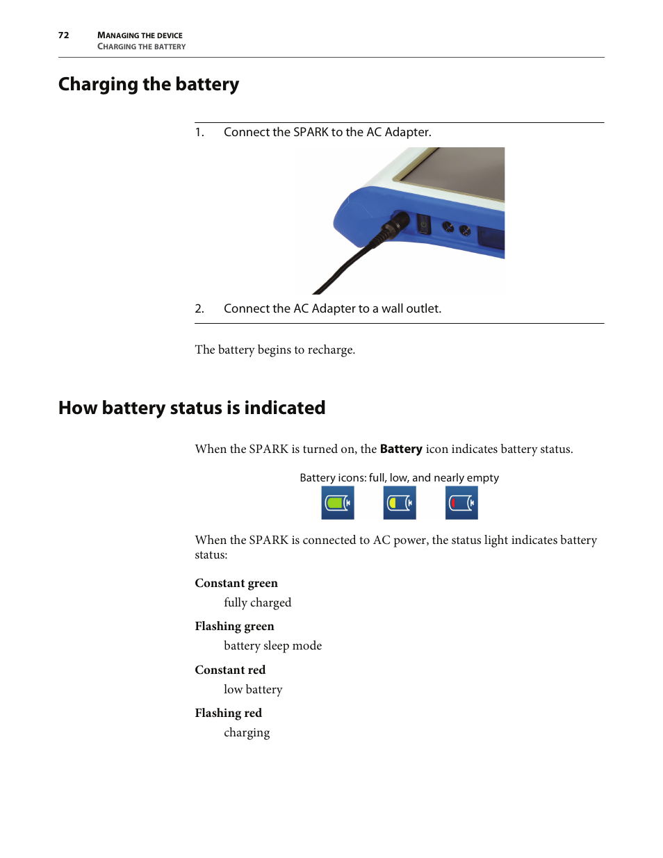 Charging the battery, How battery status is indicated | PASCO SPARK Science Learning System User's Guide User Manual | Page 80 / 86