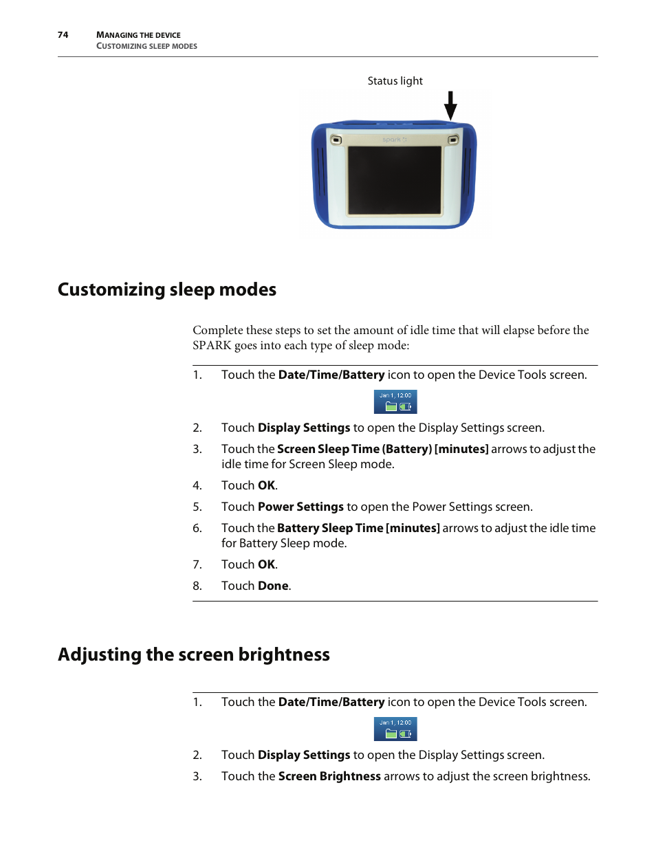 Customizing sleep modes, Adjusting the screen brightness | PASCO SPARK Science Learning System User's Guide User Manual | Page 82 / 86