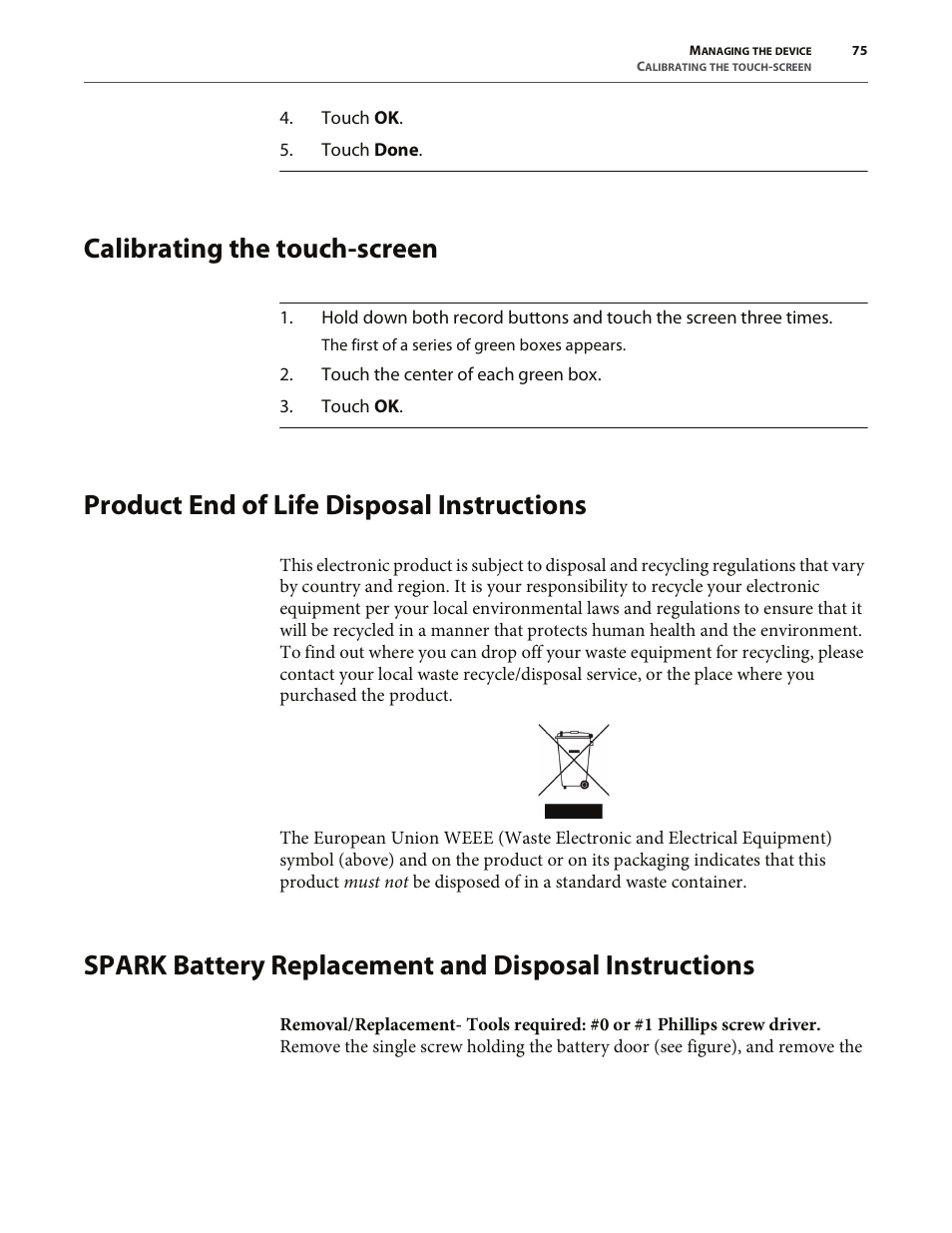 Calibrating the touch-screen, Product end of life disposal instructions | PASCO SPARK Science Learning System User's Guide User Manual | Page 83 / 86