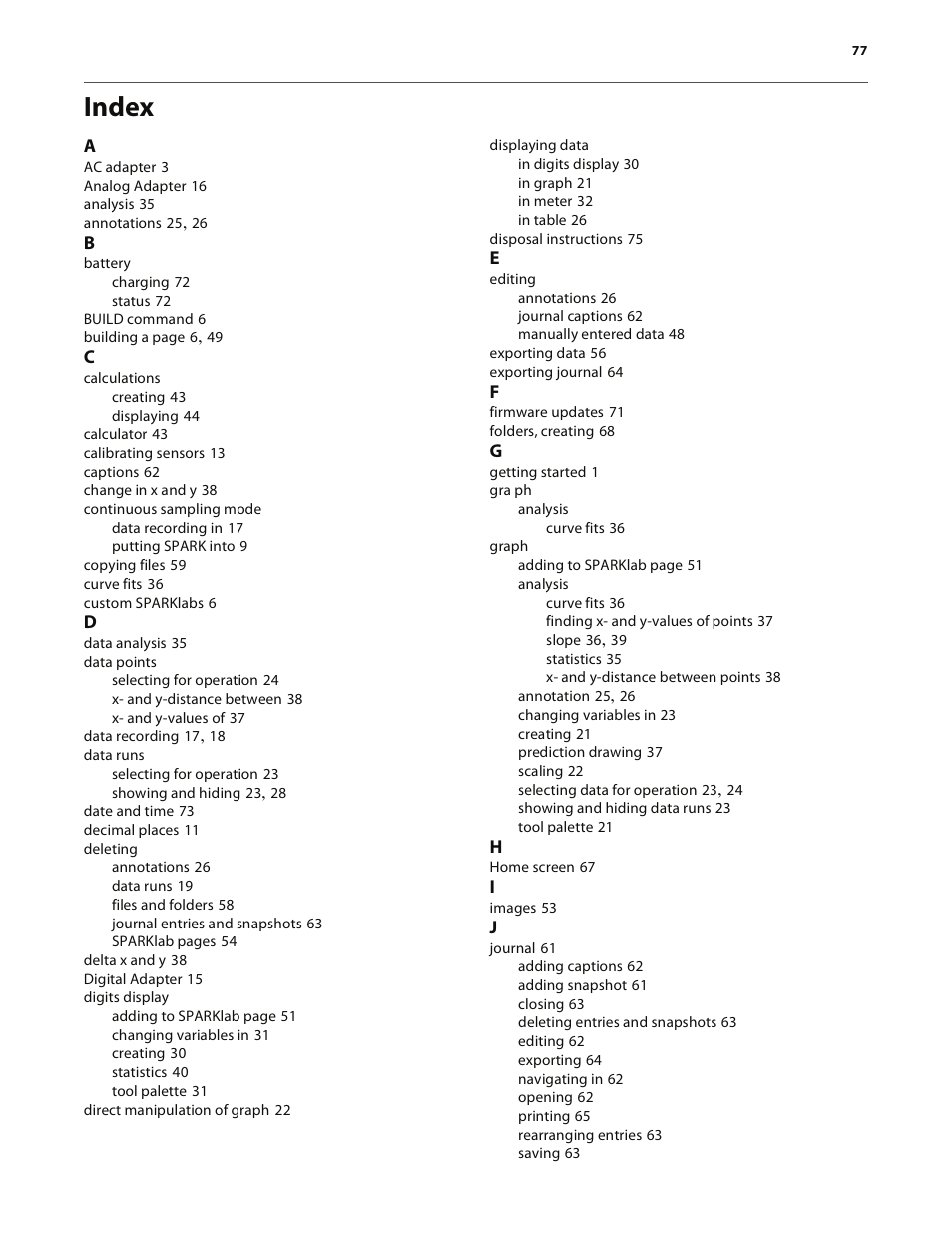 Index | PASCO SPARK Science Learning System User's Guide User Manual | Page 85 / 86
