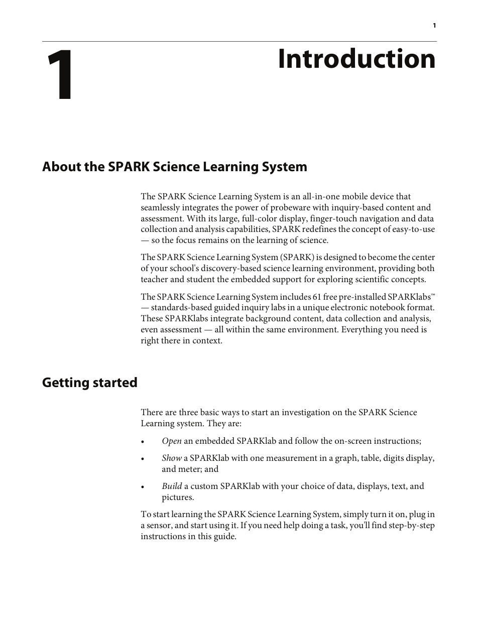 Introduction, About the spark science learning system, Getting started | PASCO SPARK Science Learning System User's Guide User Manual | Page 9 / 86