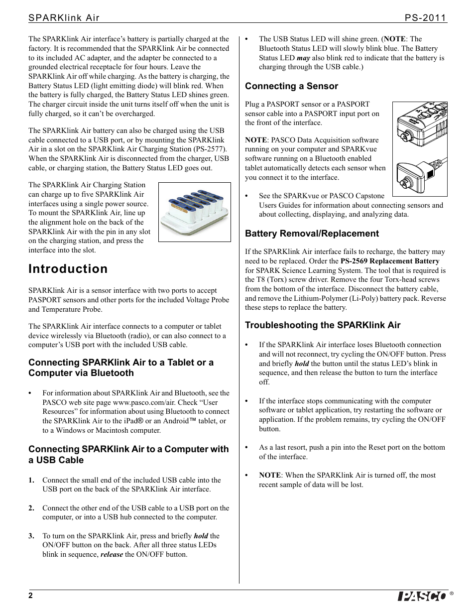 Introduction, Connecting a sensor, Battery removal/replacement | Troubleshooting the sparklink air | PASCO PS-2011 SPARKlink Air User Manual | Page 2 / 3