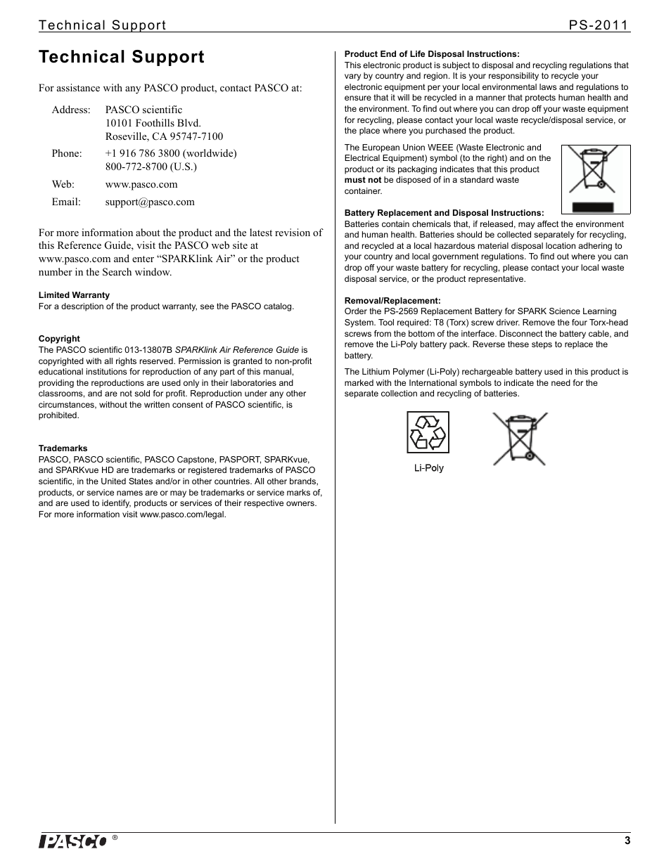 Technical support, Technical support ps-2011 | PASCO PS-2011 SPARKlink Air User Manual | Page 3 / 3