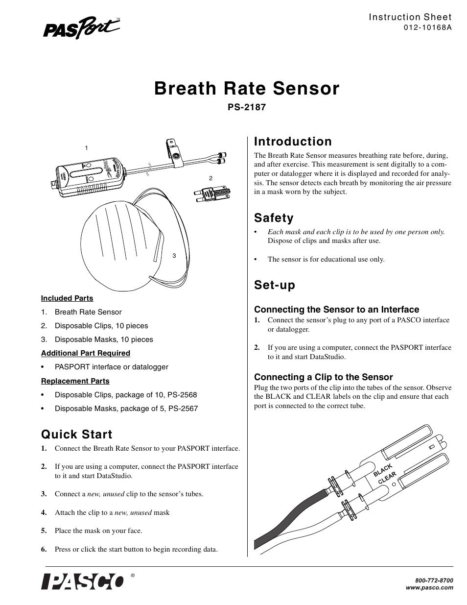 PASCO PS-2187 Breath Rate Sensor User Manual | 2 pages