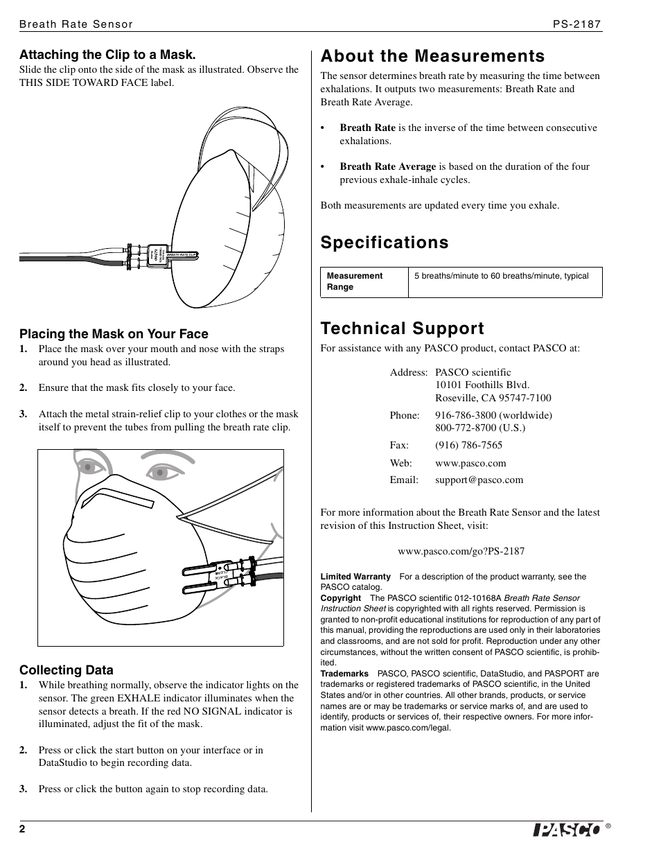 About the measurements, Specifications technical support, Attaching the clip to a mask | Placing the mask on your face, Collecting data | PASCO PS-2187 Breath Rate Sensor User Manual | Page 2 / 2