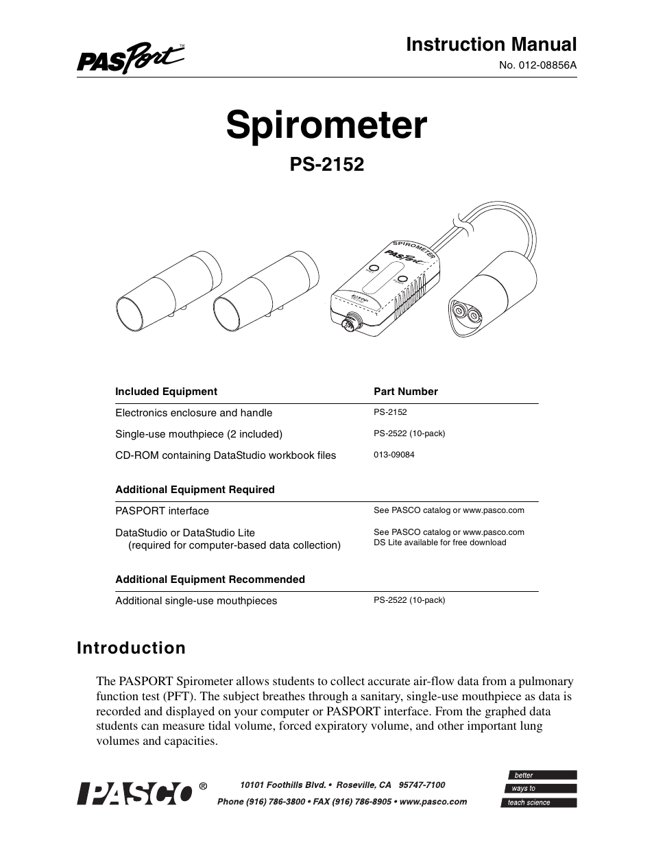 PASCO PS-2152 Spirometer User Manual | 8 pages