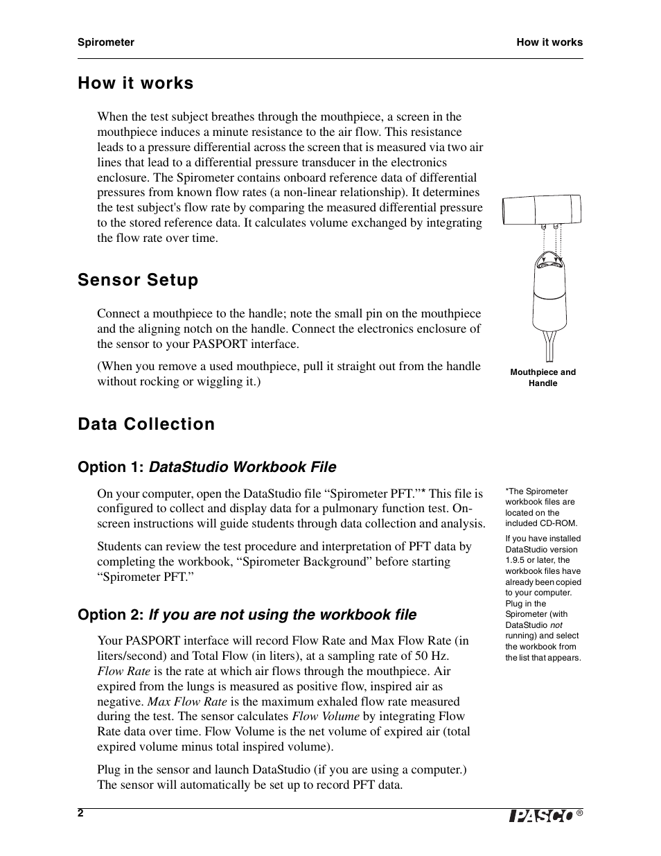 How it works, Sensor setup, Data collection | Datastudio workbook file, If you are not using the workbook file, Option 1, Option 2 | PASCO PS-2152 Spirometer User Manual | Page 2 / 8