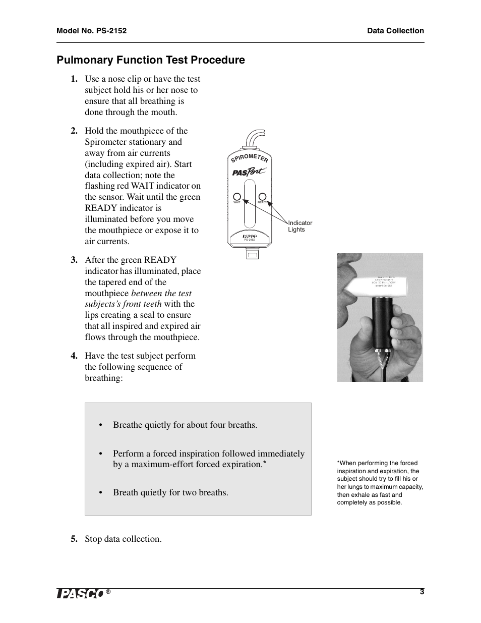 Pulmonary function test procedure | PASCO PS-2152 Spirometer User Manual | Page 3 / 8