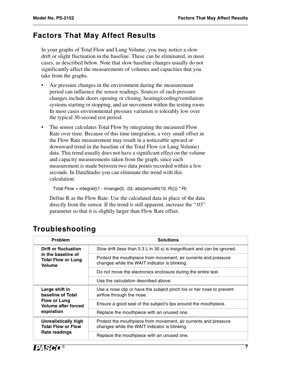 Factors that may affect results, Troubleshooting | PASCO PS-2152 Spirometer User Manual | Page 7 / 8