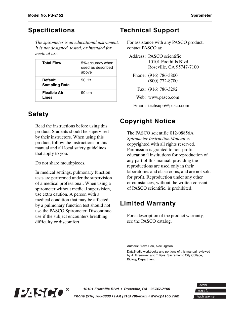 Specifications, Safety, Technical support | Copyright notice, Limited warranty | PASCO PS-2152 Spirometer User Manual | Page 8 / 8