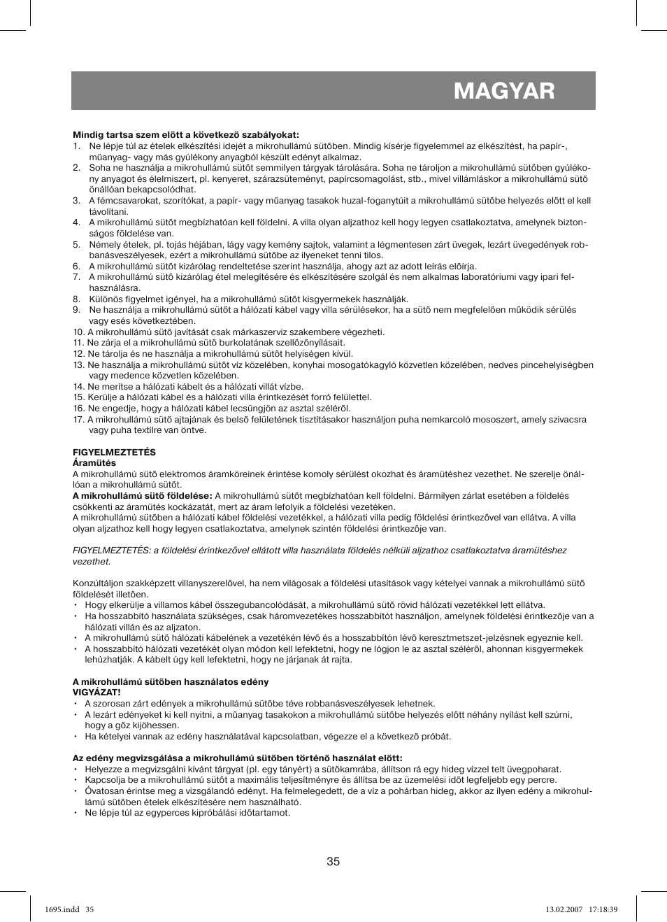 Magyar | Vitek VT-1695 Perseus User Manual | Page 35 / 72