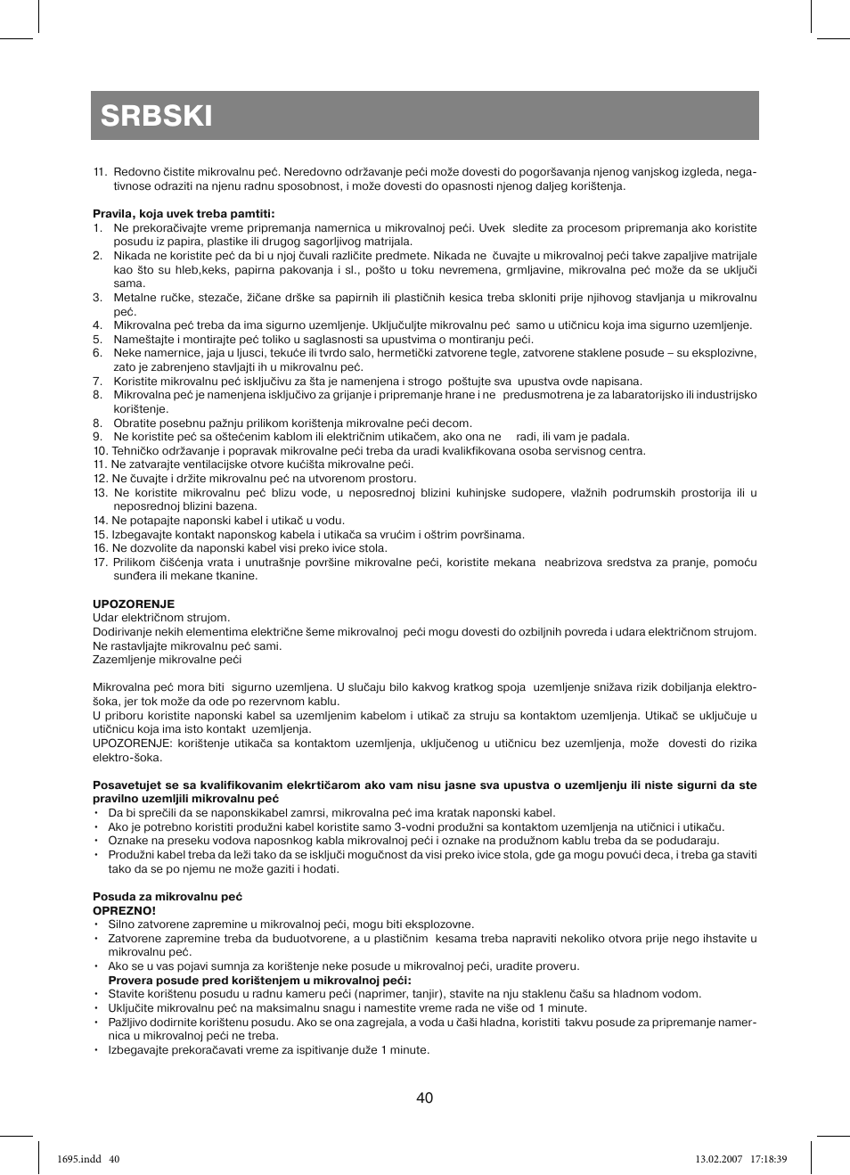 Srbski | Vitek VT-1695 Perseus User Manual | Page 40 / 72