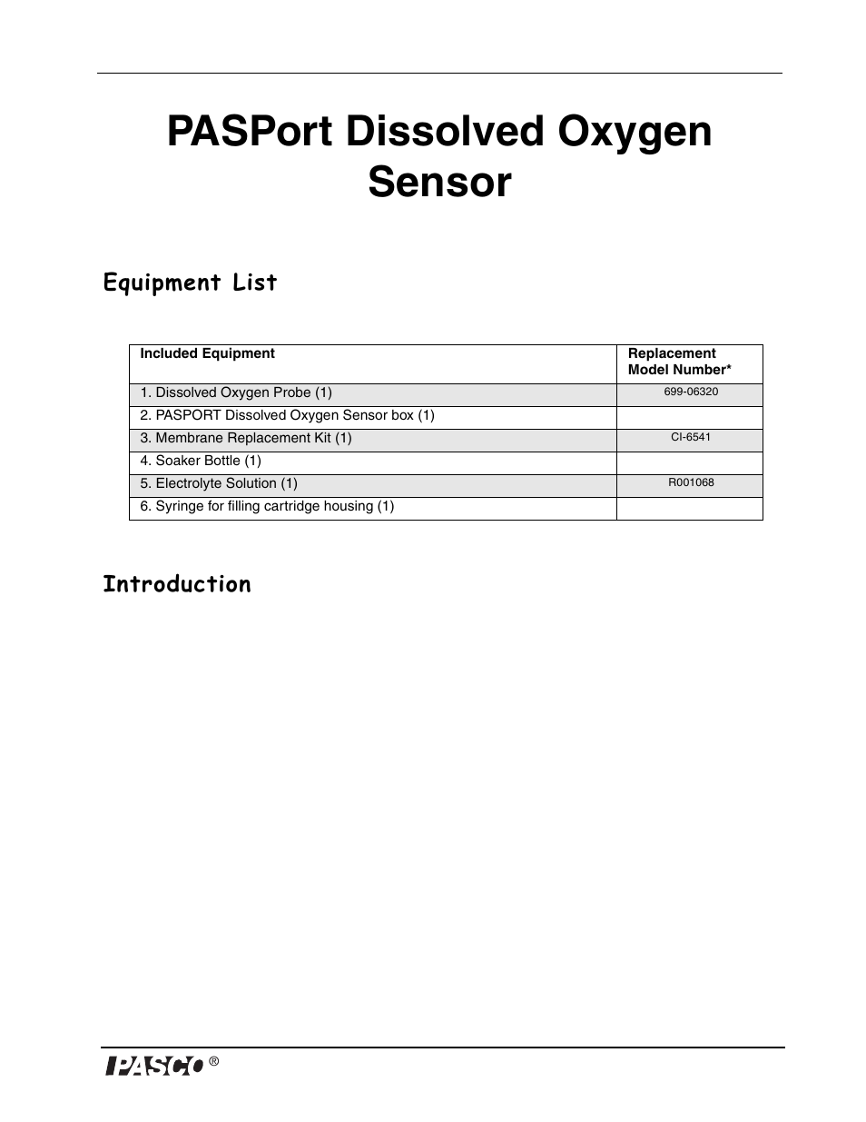 Pasport dissolved oxygen sensor, Equipment list, Introduction | PASCO PS-2108 Dissolved Oxygen Sensor User Manual | Page 5 / 40