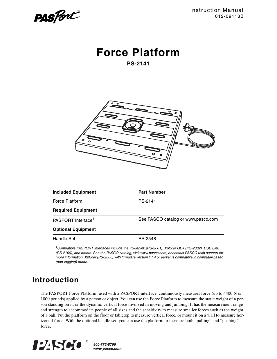 PASCO PS-2141 Force Platform User Manual | 9 pages