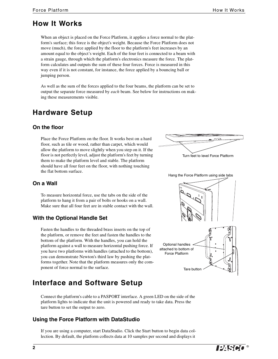 How it works, Hardware setup, On the floor | On a wall, With the optional handle set, Interface and software setup, Using the force platform with datastudio | PASCO PS-2141 Force Platform User Manual | Page 2 / 9