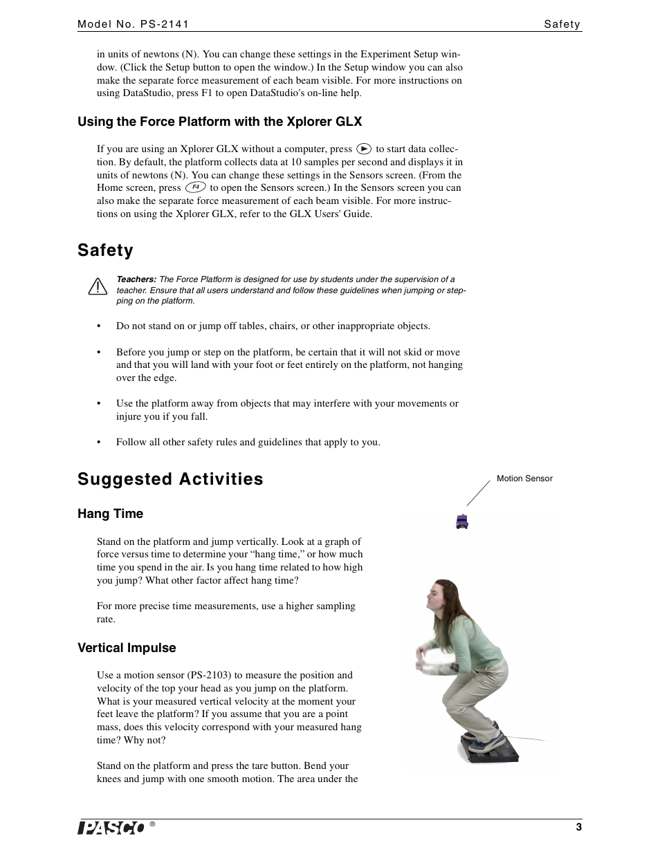 Using the force platform with the xplorer glx, Safety, Suggested activities | Hang time, Vertical impulse | PASCO PS-2141 Force Platform User Manual | Page 3 / 9