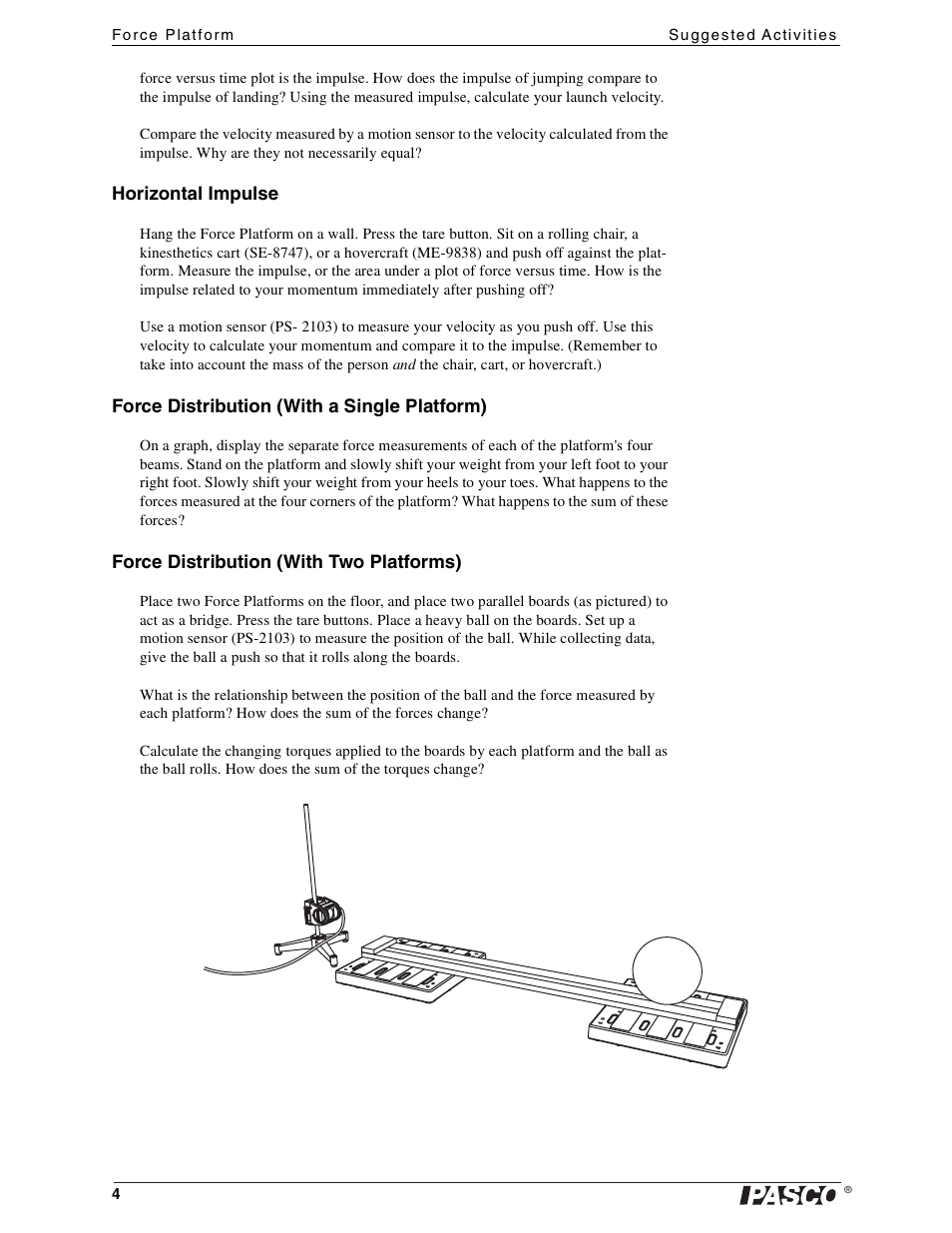 Horizontal impulse, Force distribution (with a single platform), Force distribution (with two platforms) | PASCO PS-2141 Force Platform User Manual | Page 4 / 9