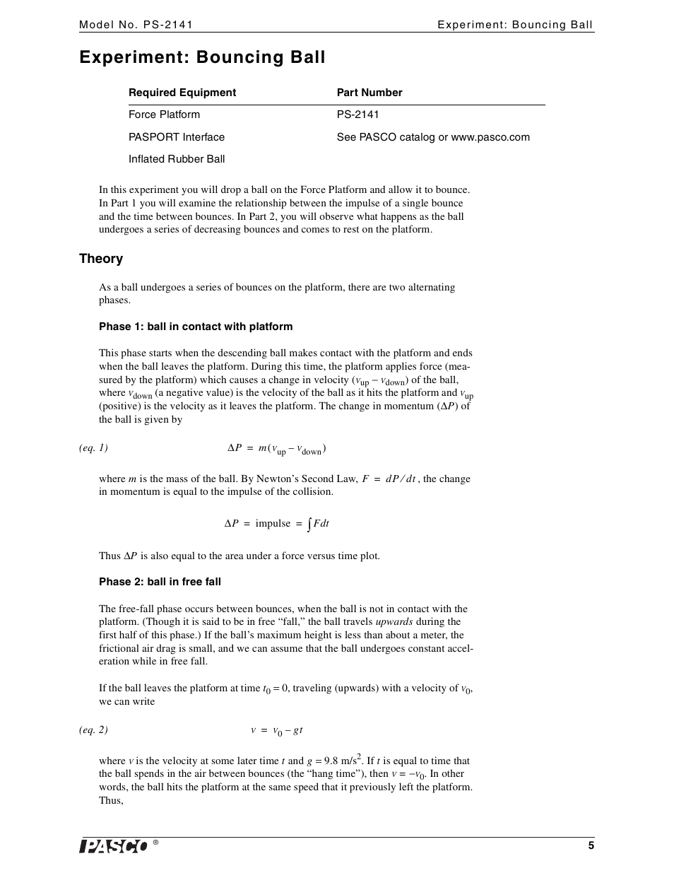 Experiment: bouncing ball, Theory | PASCO PS-2141 Force Platform User Manual | Page 5 / 9