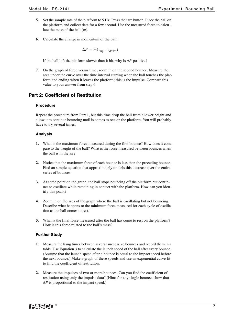 Part 2: coefficient of restitution | PASCO PS-2141 Force Platform User Manual | Page 7 / 9