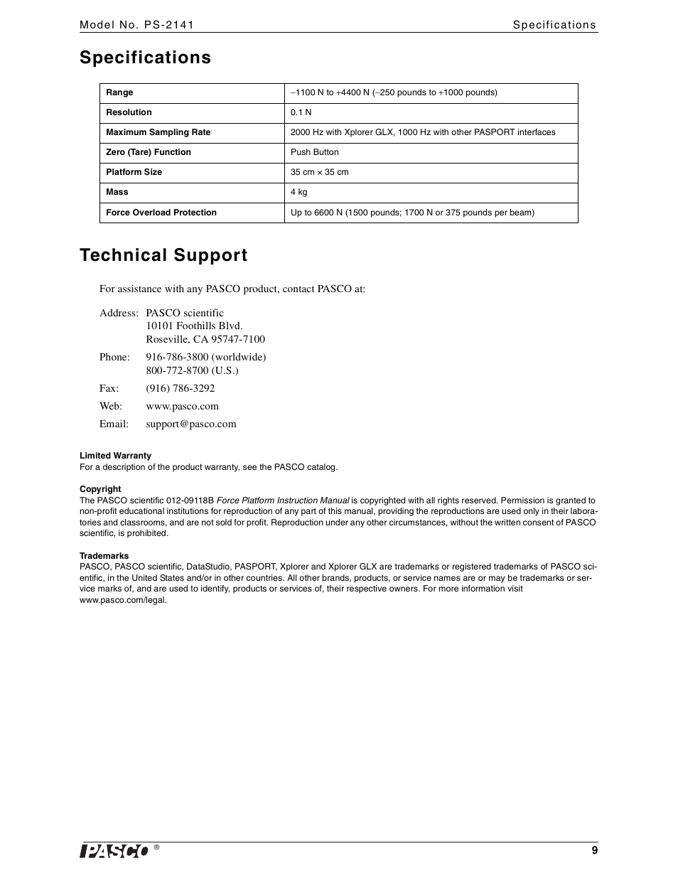 Specifications, Technical support, Specifications technical support | PASCO PS-2141 Force Platform User Manual | Page 9 / 9